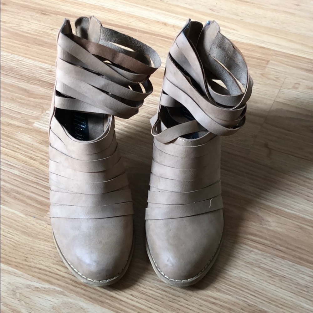 Strappy nude bootie heels